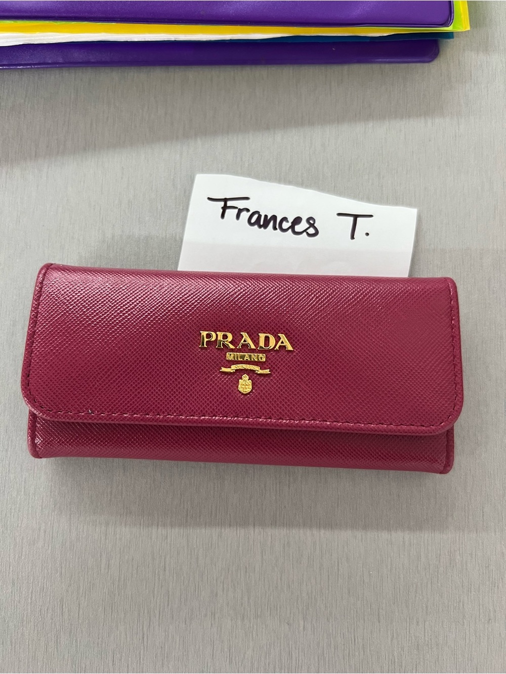 Prada Saffiano Leather Trifold Wallet in Berry Pink with Gold Logo
